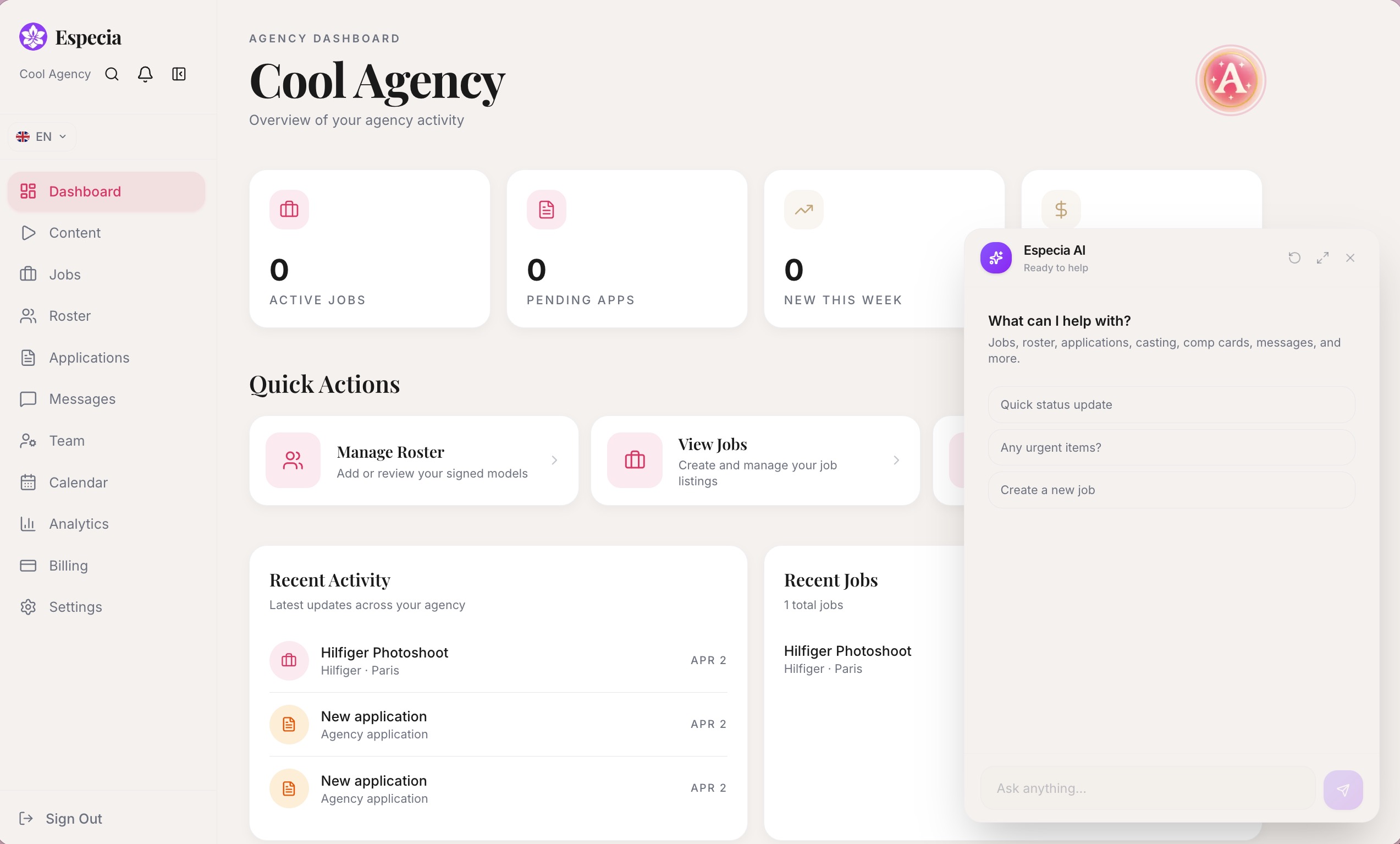 Especia Agency Dashboard