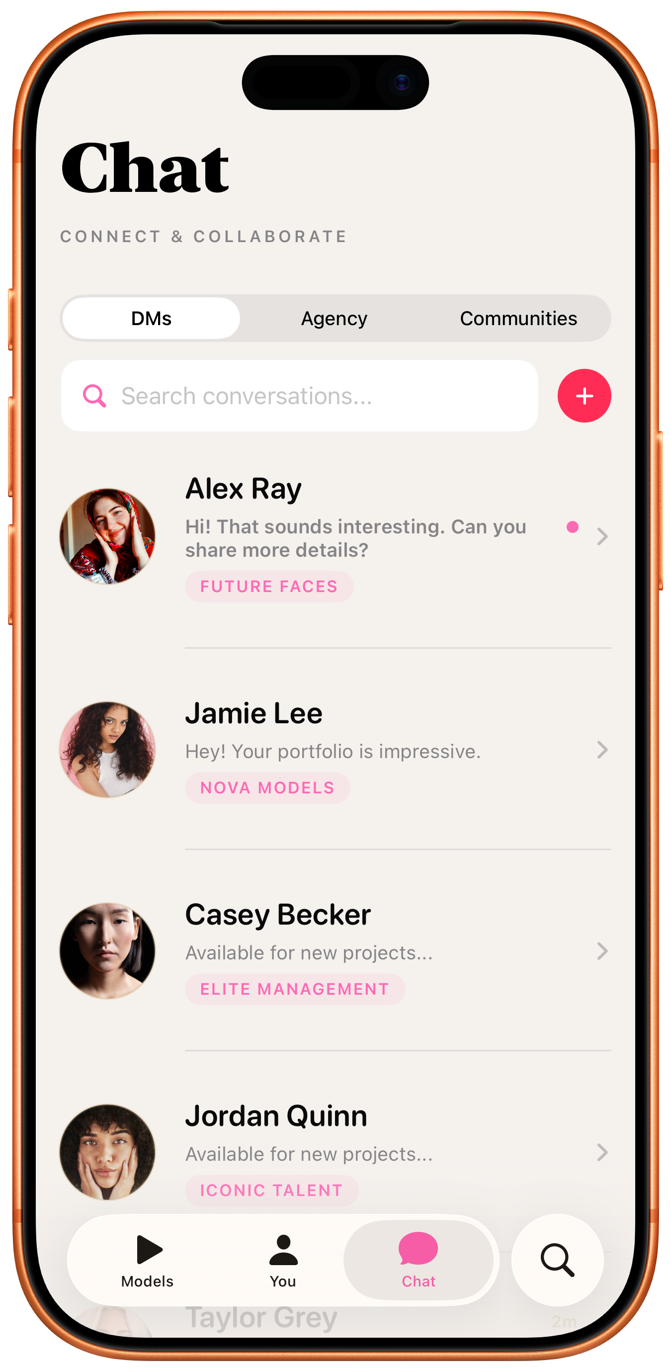 Especia messaging screen for conversations between models, agencies, creatives, and brands