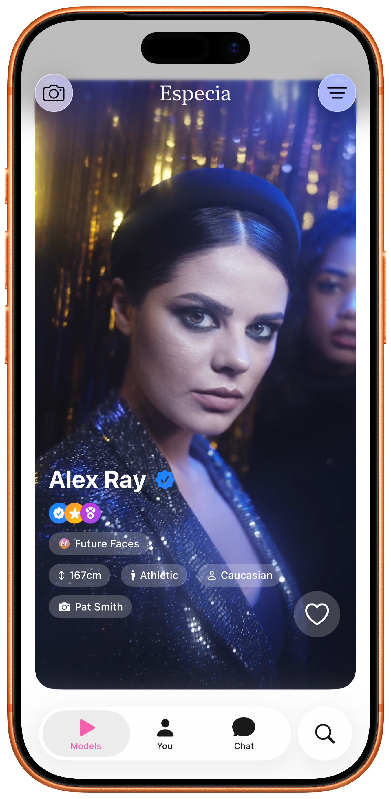 Especia mobile feed showing fashion models, creative posts, and casting updates